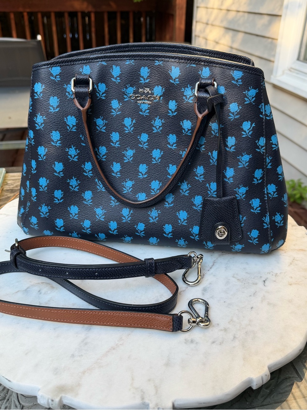 Coach Navy Satchel with Bright Blue Floral Print Bag Woman’s Spring/Summer